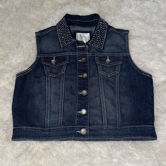 Justice Jean Jacket Vest Girls Size 18 Silver Studded Dark Blue Denim Sparkly - Picture 7 of 7